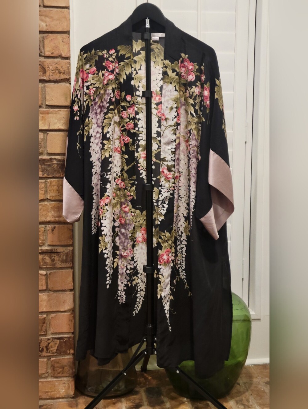100% Silk Victoria's Secret Floral Black Kimono Robe with Pink Accents